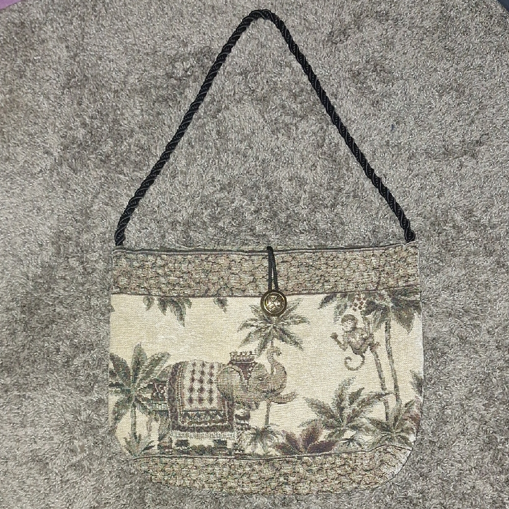 Handmade Green/Cream Shoulder Bag Botanical Tropical Prints Tapestry Jacquard